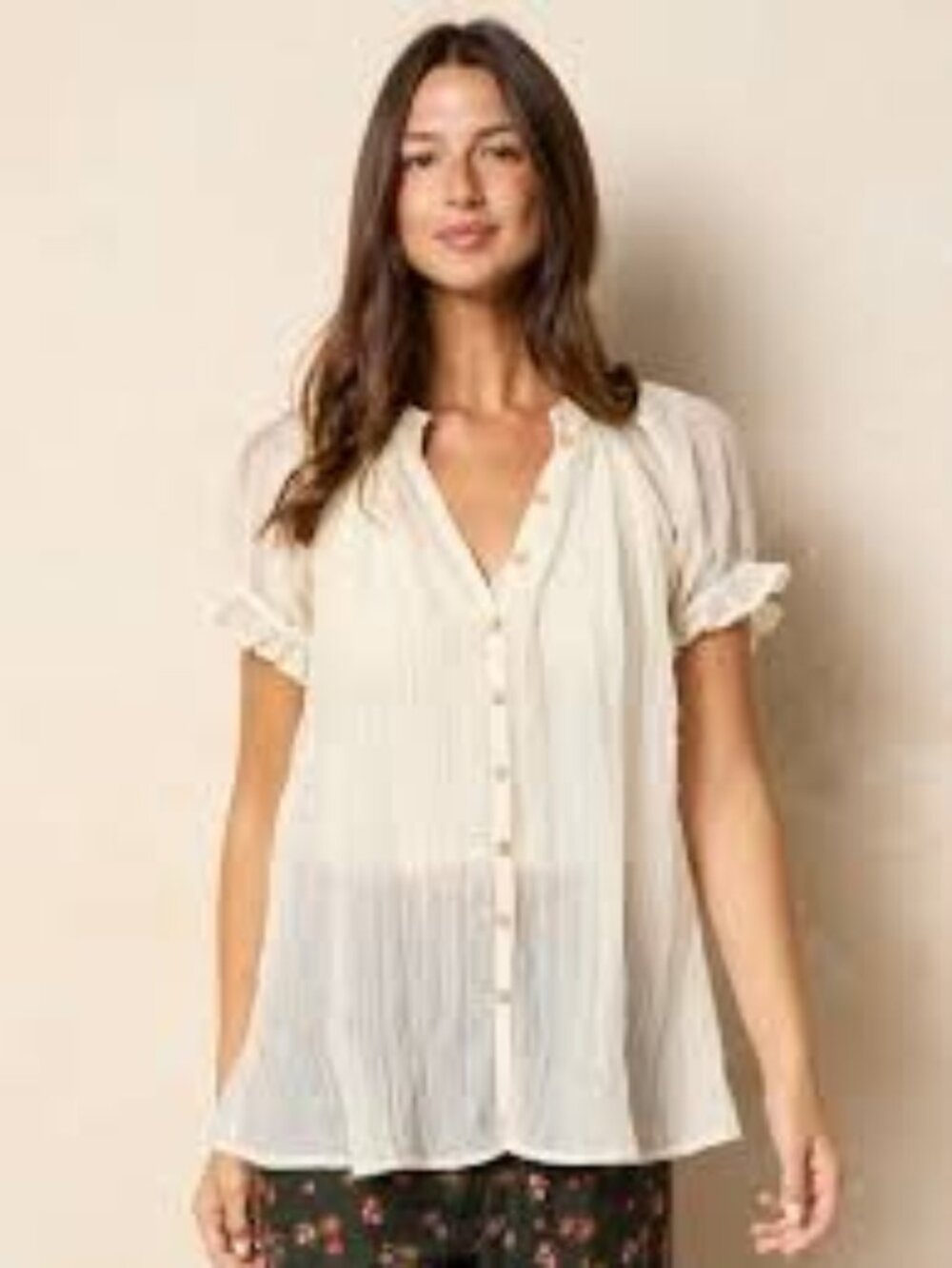 Natural Life Crinkle Gauze Bohemian Button-Down Top in Cream